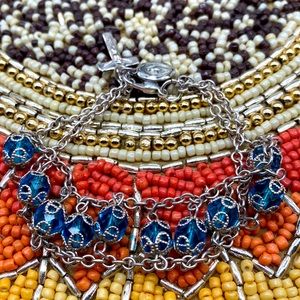 Vintage religious sterling silver and blue crystal bead bracelet, size 7.5 🦋